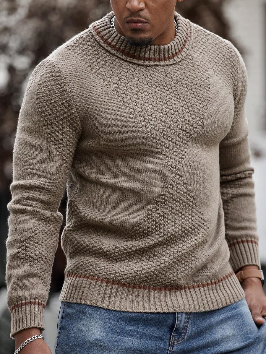Manfinity Homme 男士纯色高领长袖休闲套头毛衣，秋冬季，适合外出丈夫 - 杏色 - 查看 1