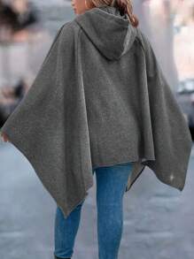 SHEIN LUNE Plus Size Women Casual Hooded Asymmetrical Hem Pockets Drawstring Poncho Jacket, Suitable For Autumn Winter - Dark Grey - View 1