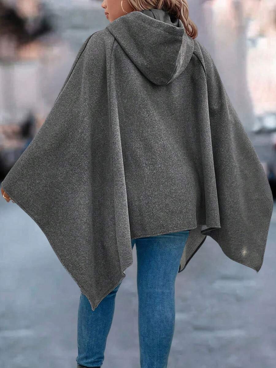 SHEIN LUNE Plus Size Women Casual Hooded Asymmetrical Hem Pockets Drawstring Poncho Jacket, Suitable For Autumn Winter - Dark Grey - View 1