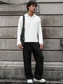 Manfinity VCAY Áo thun polo tay dài dáng rộng thoải mái hàng ngày cho nam, thời trang dệt kim trơn, dành cho bạn bè - trắng - Xem 5