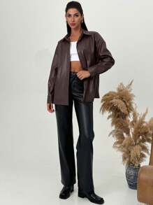 SHEIN Privé Áo khoác nữ dáng suông màu đỏ tía bằng da giả, kiểu dáng thanh lịch, dễ phối đồ, màu sắc tươi tắn. - màu nâu - Xem 5