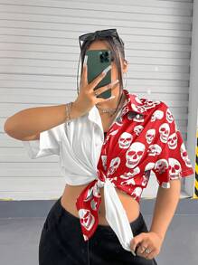SHEIN EZwear Plus Size Solid Color Patchwork Front Button Short Sleeve Casual Shirt - Red - View 4