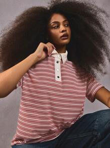 Athîral Women's Striped Printed Button Casual Versatile Short Sleeve Top - Burgundy - View 7