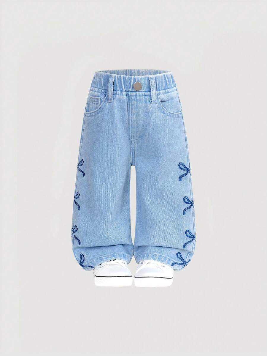 SHEIN 女宝宝时尚休闲蝴蝶结刺绣洗水牛仔直筒裤 - 中等水洗藍 - 查看 1