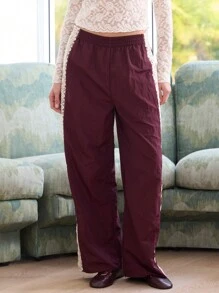 Aralina Sporty Nylon With Lace Stripe Fashion Detail Mid Rise Wide Leg Pants
