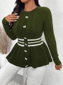 Calvaya Sweater Rajut Kasual Lengan Panjang Leher Bulat Ukuran Besar dengan Hiasan Pita, Cocok untuk Musim Gugur dan Musim Dingin. - Hijau Tentara - View 5
