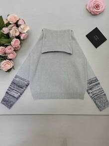 SHEIN LUNE Women High Neck Drop Shoulder Casual Contrast Striped Pattern Sweater Knit Pullover Fall Winter - Grey - View 2