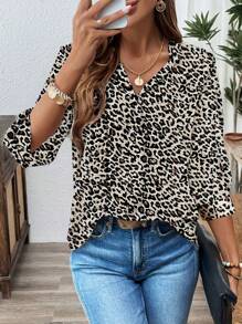 SHEIN LUNE 女式休闲简约豹纹办公衬衫 - 彩色 - 查看 1