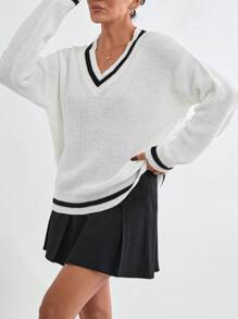 SHEIN Cottnline 女士休闲宽松 V 领条纹长袖套头毛衣 秋季秋装 秋季女装 - 黑與白 - 查看 3