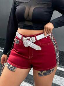 SHEIN ICON Red Plus Size Denim Shorts Leopard Print Shorts Y2K Outfit