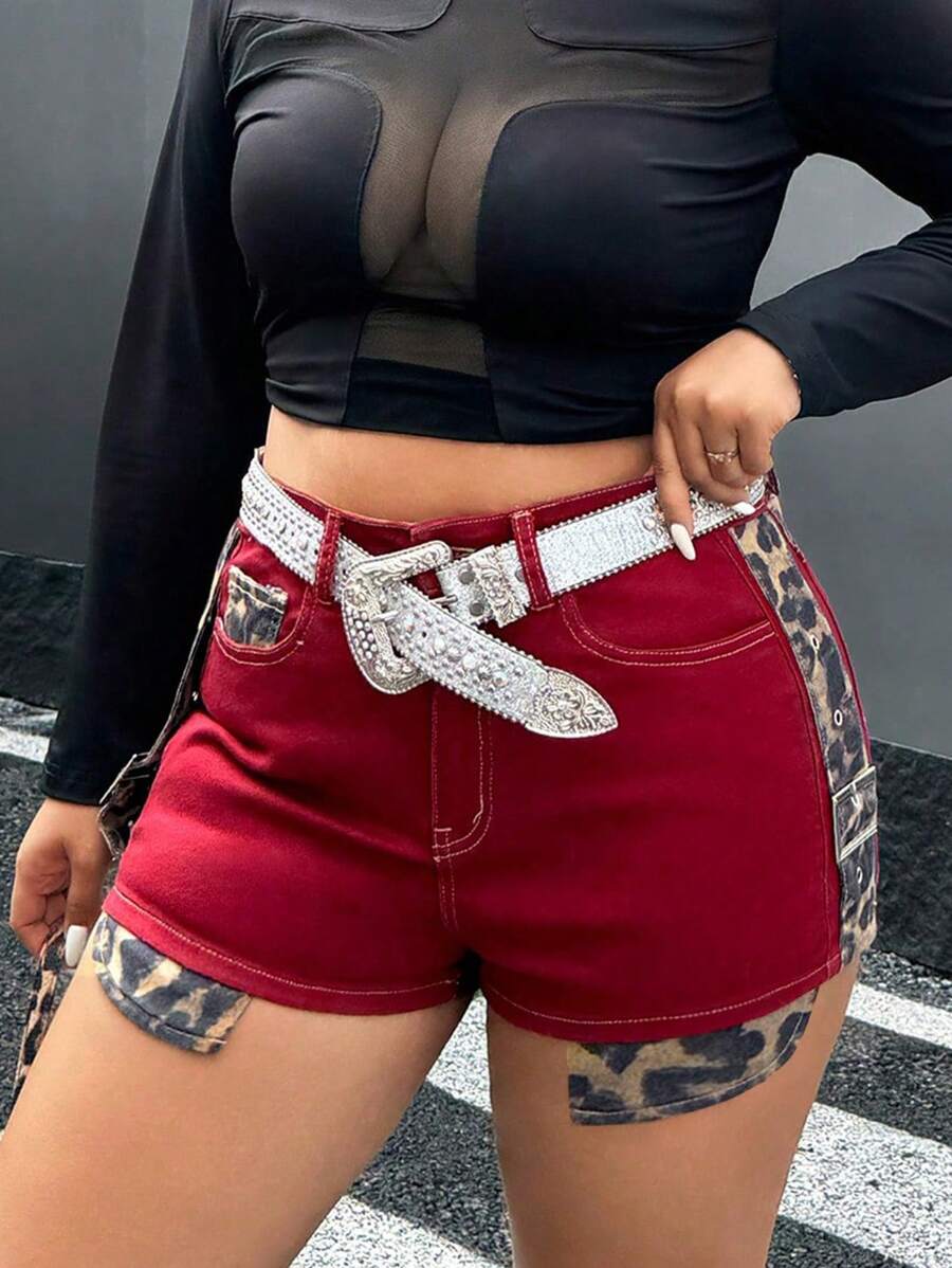 SHEIN ICON Red Plus Size Denim Shorts Leopard Print Shorts Y2K Outfit