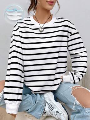 SHEIN EZwear Spring White Striped Print Drop Shoulder Sweatshirt Hoodie Graduation,Back To School Outfits,Graduation,Teacher Outfits For Women,Back To School In Fall/Winter
