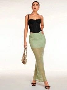 Glamine Women's Fashion Mesh Contrast Maxi Low-Waist Fish Tail Skirt - Green - View 6