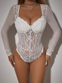 Allurite Sexy And Elegant White Lace Spliced Sheer Mesh Fabric Steel Circle Three-Dimensional Stripe Wave Edge Long Sleeve Bodysuit For Holiday Party Clothes