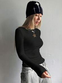DAZY Women Leopard Print & Star Pattern Thermal Lined Tight Fit Long Sleeve T-Shirt, Thermal Lined Fall, Winter Thermal Lined - Black - View 5