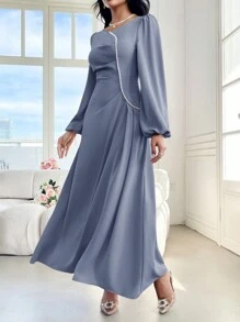 Modelyn Women Solid Color Crew Neck Long Sleeve Faux Pearl Decor Minimalist Casual Arabian Modest Dress Long Evening Dresses