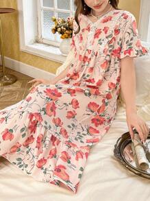 CottageSlumber Floral Print Lace Ruffle Bubble Romantic Ladies Nightgown Babydoll Perfect Summer, Moo Moo Bountiful Floral Splendor  Cozy And Elegant Details - Pink - View 5