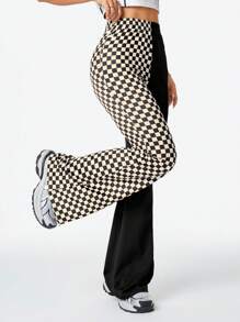 SHEIN EZwear Checkerboard Print Street Style Versatile Women Checkered Patchwork Color Block Flared Sports Pants