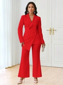 SHEIN Lady Elegant Commuting Set: Wrap Jacket And Flared Pants, Red Suit - Red - View 5