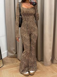 SHEIN EZwear 女式豹纹长袖圆领修身喇叭腿连体裤，秋冬