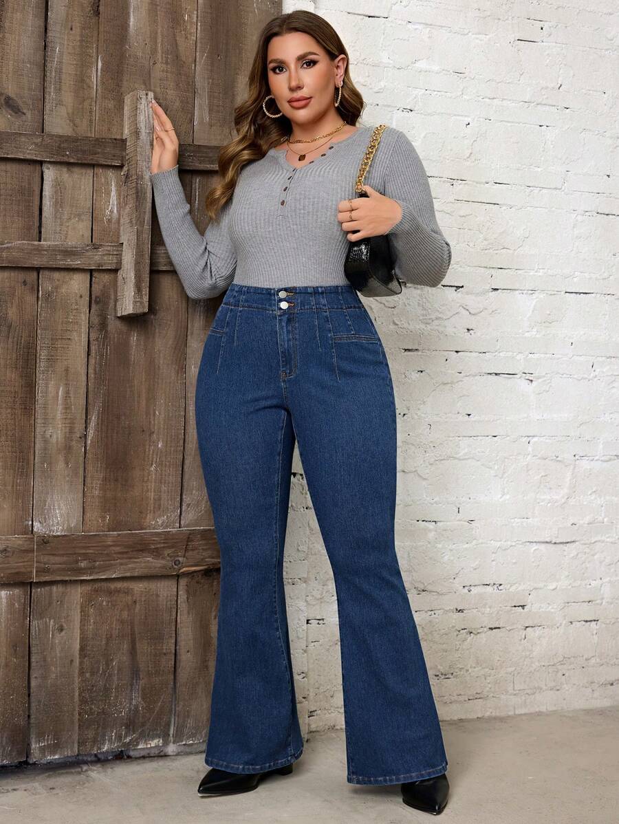 SHEIN LUNE Quần Jeans Ống Loe Retro Skinny Casual Washed Size Lớn - Rửa trung bình - Xem 1