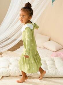 SHEIN Young Girls Refreshing Green Print Crinkle Gauze Long Sleeve Maxi Wave Hem Nightgown, Spring/Autumn Home Wear - Green - View 2