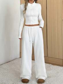 SHEIN EZwear 2 件套女士纯色长袖修身夹克和裤子休闲套装，秋季 - 白色 - 查看 3