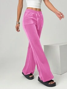 SHEIN EZwear Quần ống loe buộc eo nhung hồng cho nữ - Hồng - Xem 6