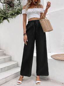 Breezaya Solid Knot Front Wide Leg Pants - Black - View 4