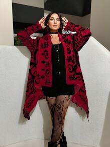Flirla Plus Size Open Front Long Sleeve Graphic Detail Minimalist Cardigan, Casual Everyday Wear, Winter