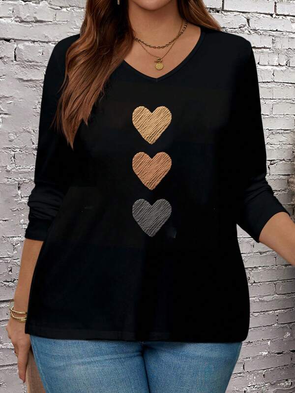 EMERY ROSE Camiseta negra de manga larga con cuello en V, estampado de corazón de bordado falso, talla grande, informal, adecuada para otoño/invierno