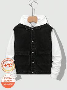 SHEIN 青少年男童时尚休闲复古黑色牛仔内衬保暖舒适翻领无袖夹克，适合感恩节、日常穿着以及秋冬季穿着。 - 黑色 - 查看 1