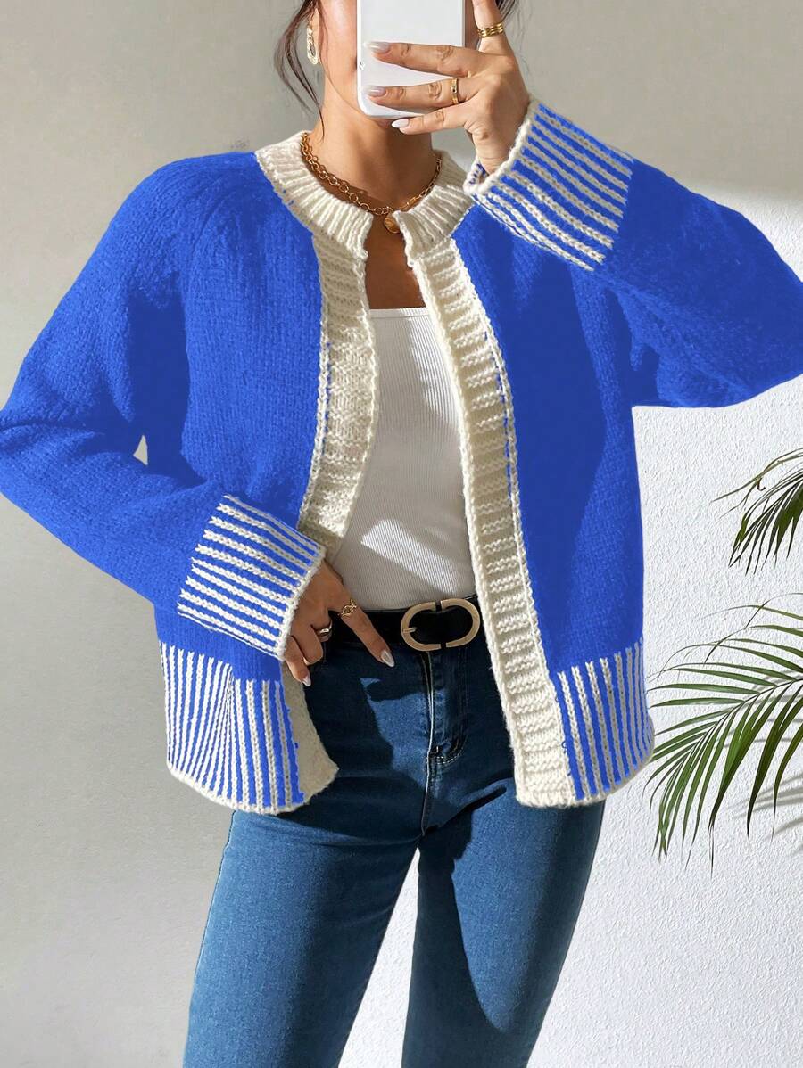 Chiquease Fashionable French Classic Black And White Striped Knitted Cardigan - Royal Blue - View 1