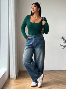 SHEIN EZwear Camiseta de manga larga con cuello cuadrado de punto elástico para mujer talla grande, cómoda para usar de forma casual, en el hogar, yoga y al aire libre