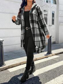 EMERY ROSE 1 件女式长款格子印花插肩袖前拉链连帽外套 - 灰色 - 查看 6