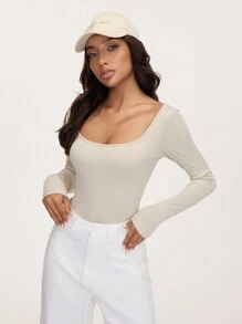 SHEIN BASICS Áo thun nữ tay dài cổ tròn dệt kim màu trơn đơn giản ôm vừa vặn - Màu vàng - Xem 8