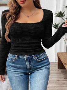 SHEIN LUNE Plus Size Autumn Casual Solid Color Square Neck Fitted Long Sleeve T-Shirt New Years Women Outfit Winter Dresses Winter Clothes Women Rave Outfits Thanksgiving Outfit Women