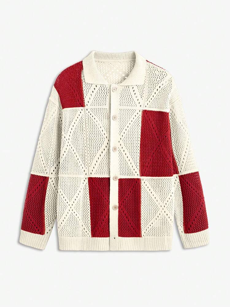 Men's Loose Batwing Crochet Color Block Plaid Cardigan, For Fall Winter