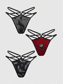 ROMWE Goth 3pcs/Set Bat, Spider And Crow Print Reversible Waistband G-String Panties - Black - View 1