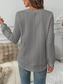 SHEIN LUNE 女式不对称下摆双层纹理休闲优雅运动舒适保暖内衣运动衫，秋冬 - 灰色 - 查看 2