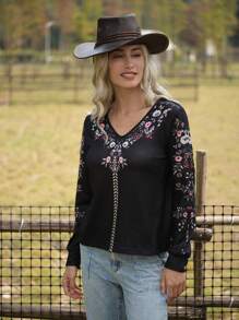 LanaWest Camiseta holgada de manga larga con cuello en V y estampado floral para mujer, camisetas gráficas de otoño para mujer para primavera - Negro - Ver 1