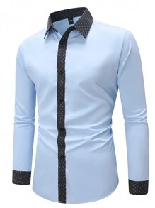 Manfinity Mode Men's Contrast Color Single-Breasted Casual Commuter Long Sleeve Shirt, Autumn