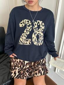 POPSWAY 2pcs/Set American Cool Girl Style Leopard Print & Digit Graphic Sweatshirt With Matching Leopard Skirt