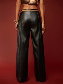 Opulessa Calça Pantalona de Cor Sólida Simples com Detalhe de Cinto, Uso Diário Casual - Preto - Visão 2