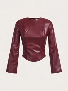 SHEIN MOD 1 件女式纯色 PU 面料修身喇叭长袖休闲衬衫