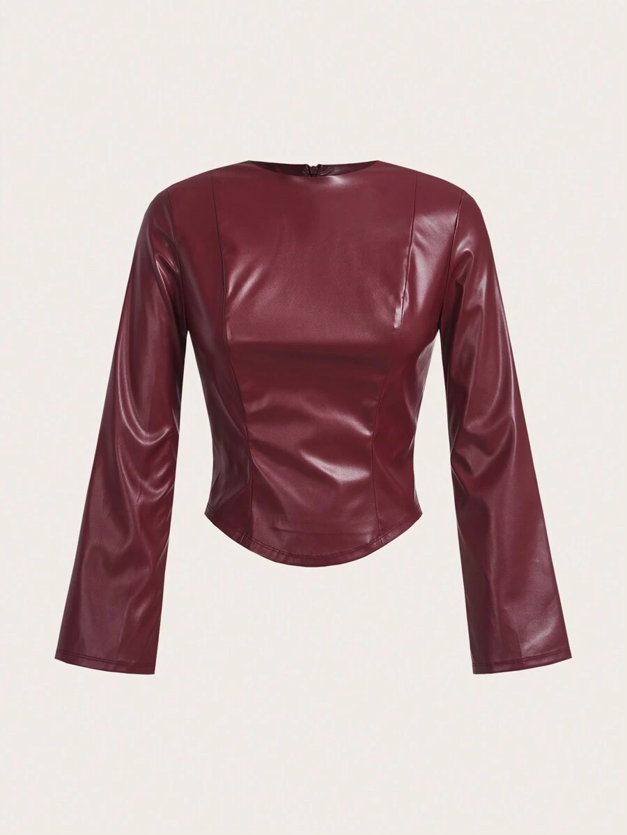 SHEIN MOD 1 件女式纯色 PU 面料修身喇叭长袖休闲衬衫