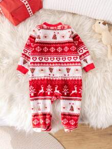 SHEIN Newborn Baby Boy Christmas Cute Bear, Christmas Tree, Heart Pattern Soft Comfortable Thermal Lined Zip-Up Jumpsuit, Warm Sleepwear - Red and White - View 2