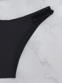 2pcs/Set Sexy Triangle Crop Top + High Cut Ruffle Trim Panty, Summer - Black - View 6