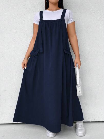 Flirla Plus Size Casual Solid Color Long Overall Dress, Autumn Maxi Women Outfit