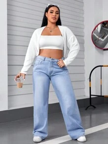 SHEIN EZwear Plus Drop Shoulder Open Front Crop Jacket Winter Fall Autumn - White - View 3